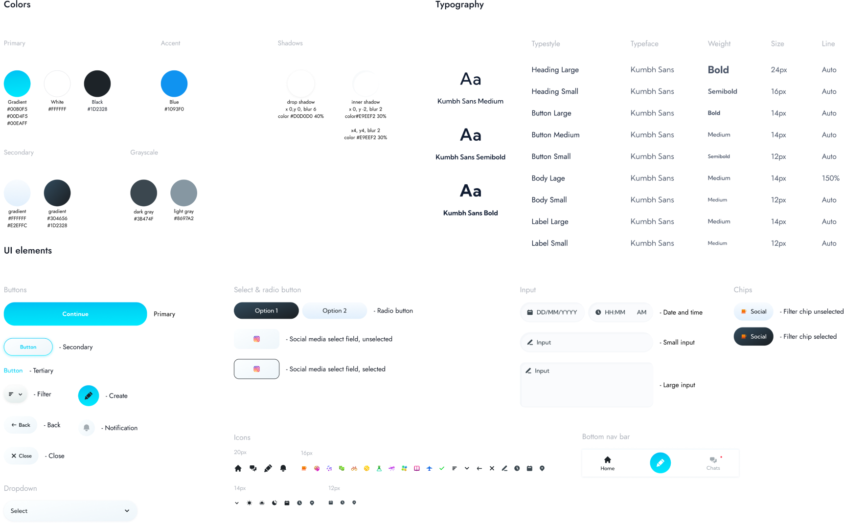 Visual design elements showcasing colors, typography, and UI components